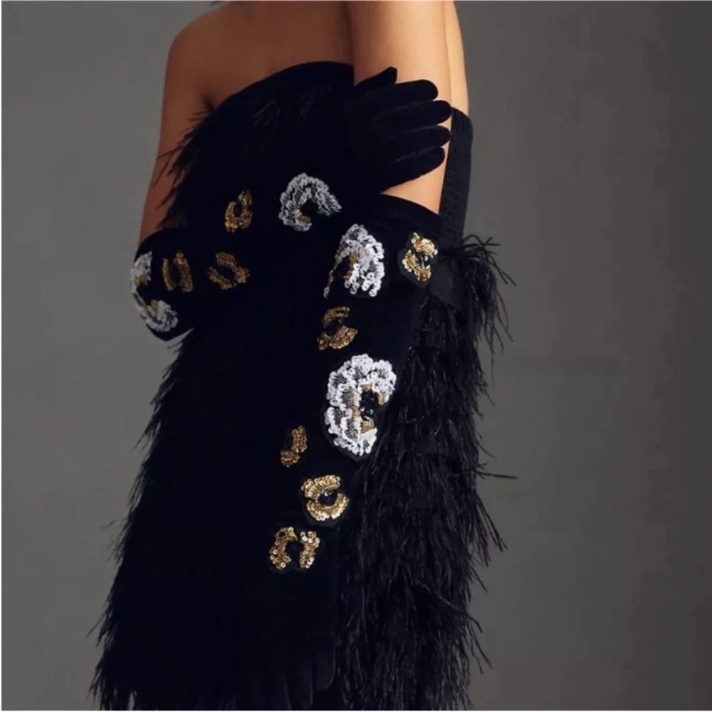 Anthropologie Black Gloves with Gold and White Sequins - Picture 2 of 2
